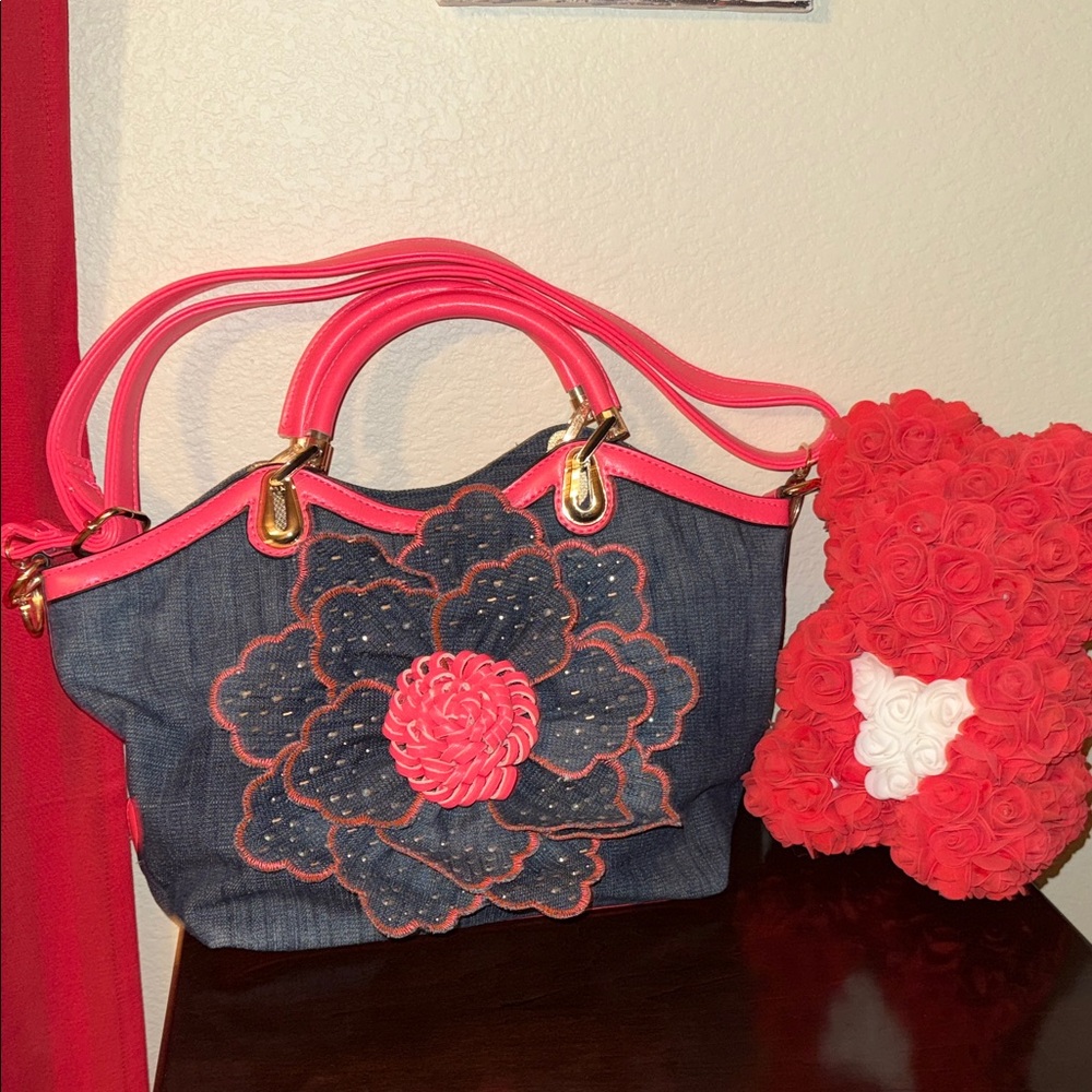 Ready for summer New without tags Stylish Denim and Pink Floral Handbag